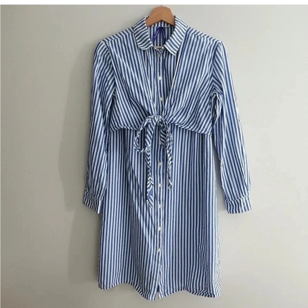 Seraphine Blue and White Striped Maternity/Nursing Shirt Dress - Picture 13 of 15